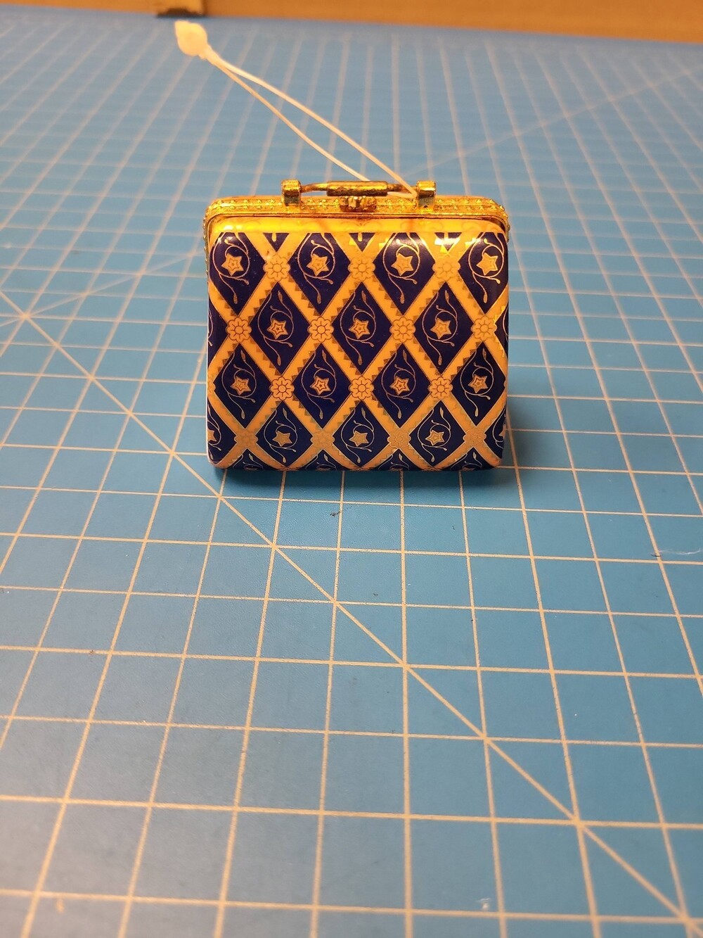 Vintage Miniature Suitcase Trinket Box Jewelry Holder Display Decor Blue Gold